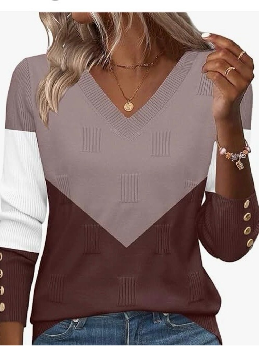 Amazon Women's V-Neck Sweater in Brown and Cream